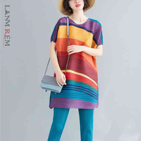 

women pleated stitching printing t-shirt round neck three quarter sleeve fashion spring summer 2e110406 210507, White