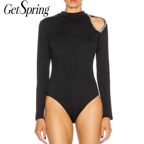 

getspring women jumpsuit diamond hollow out long sleeve rompers vintage black off shoulder womens 210601, Black;white