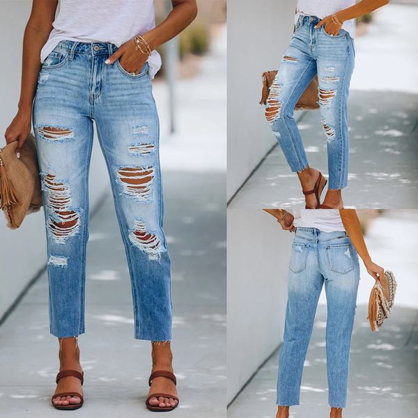 

jeans 2021 summer temperament simple, hole, slim, wash water pants woman, Blue