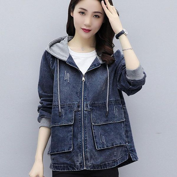 

women's jackets hooded denim coat female 2021 spring and autumn solid color loose womens jeans jacket fashion plus size 3xl femmeclothi, Black;brown