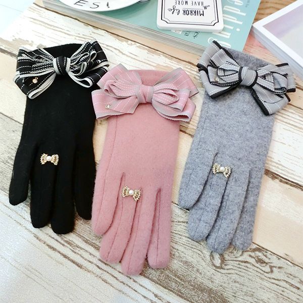 

gloves korean version touch screen five finger cashmere stripe multi-layer bow thickened lovely warm split, Blue;gray