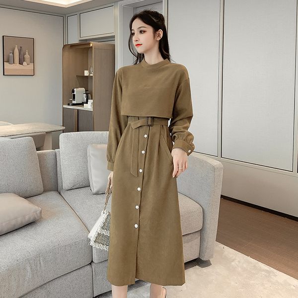 LLZACOOSH Mode Frauen Vintage Elegante Einreiher Tie Up Kleid Damen Einfarbig Mantel Korea Chic Kleider 210514