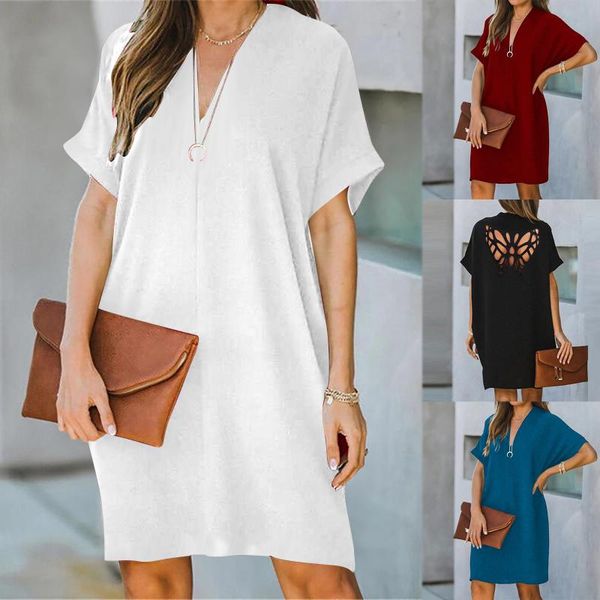 

casual dresses women's summer solid butterfly hollow out black v-neck loose dress for women 2021 vestido de mujer, Black;gray