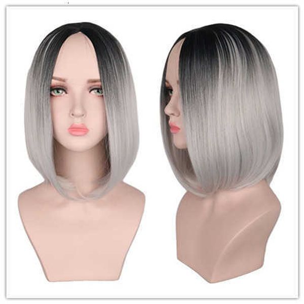 

dyed wig female hair bobo head women's short medium wig black gradient granny gray