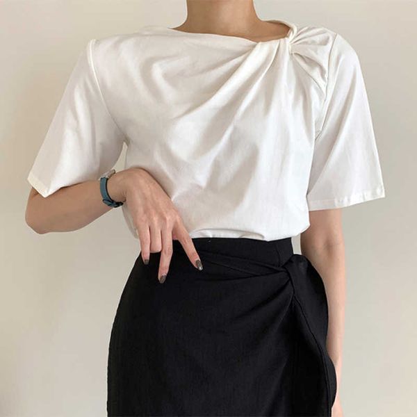 

women's blouses & shirts chic korean summer jagged temperament around the neck... casual design twist... solid color... short female t-, White