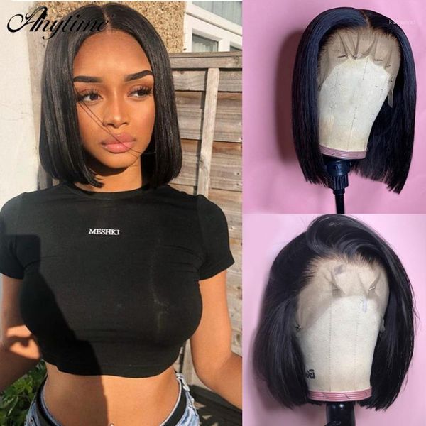 

anytime short bob lace front human hair wigs brazilian straight pre plucked 13x4 frontal 100% remy1, Black;brown