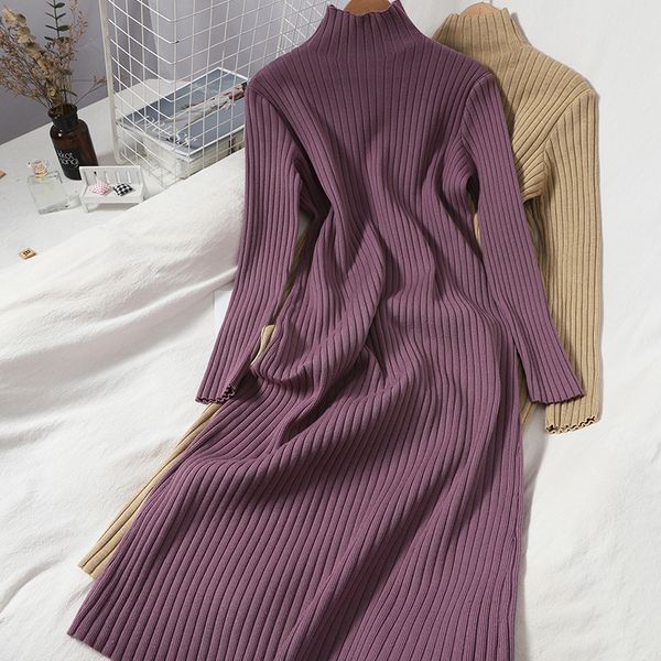 Autunno dolcevita pullover tinta unita abito da donna coreano sottile incavata striscia lavorata a maglia lunga per le donne dritte 210420