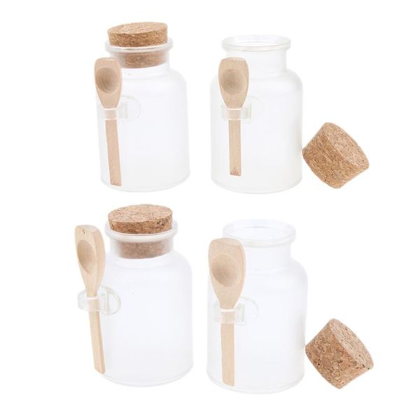 

refillable seal corks bottles vials with wood spoon bath salt jars 100g(2pcs)+200g(2pcs) - cosmetic powder container storage &