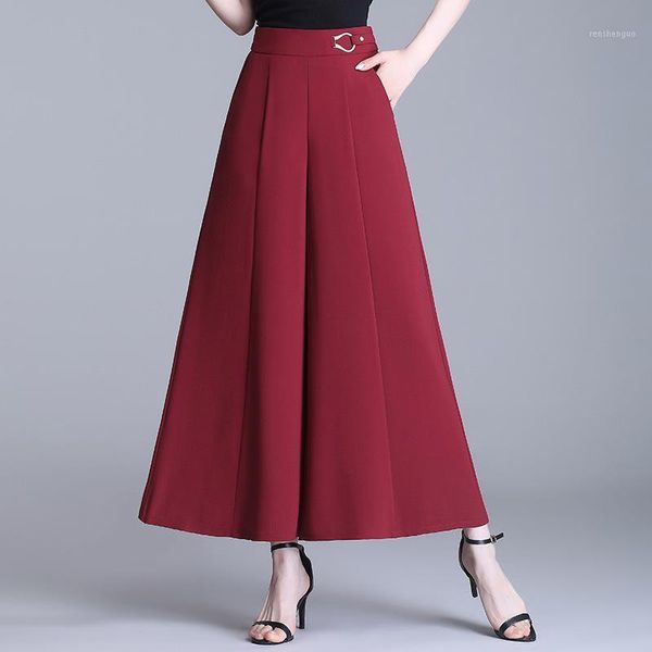 

women's pants & capris women high wasited loose casual red wide leg skirts 2021 summer ladies elegant vintage plus size black mom trous, Black;white