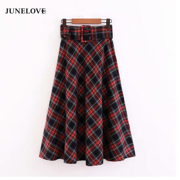 

skirts junelove 2021 autumn vintage sashes checked plaid midi skirt ladies big swing england style long brand mid-calf, Black