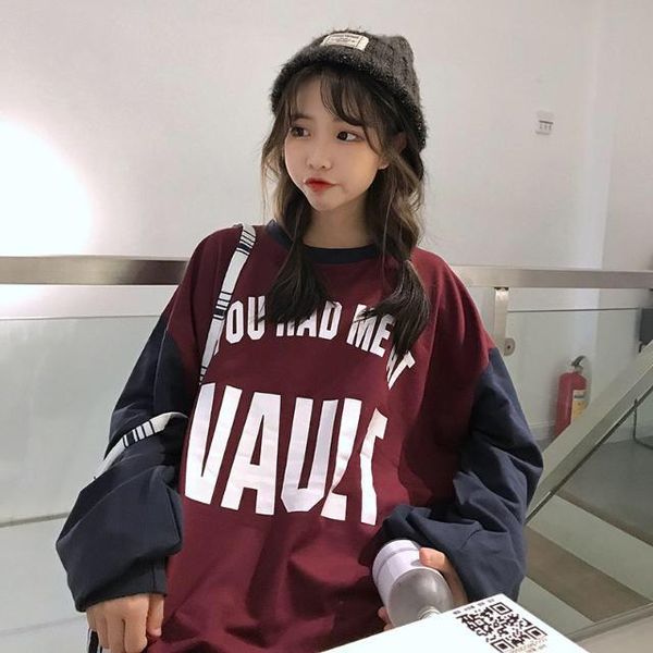 

women's hoodies & sweatshirts korean-style all-match bf wind loose pullover hoody letter midi color matching long-sleeved upper garment, Black