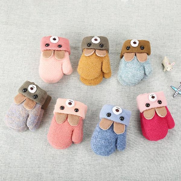 

five fingers gloves 0-3 years old cute bear cartoon child winter knit wool mittens velvet thick children' hanging neck glove, Blue;gray