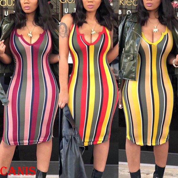 

casual dresses women's v neck rainbow vertical strips sleeveless strappy midi dress bodycon tube plus size, Black;gray