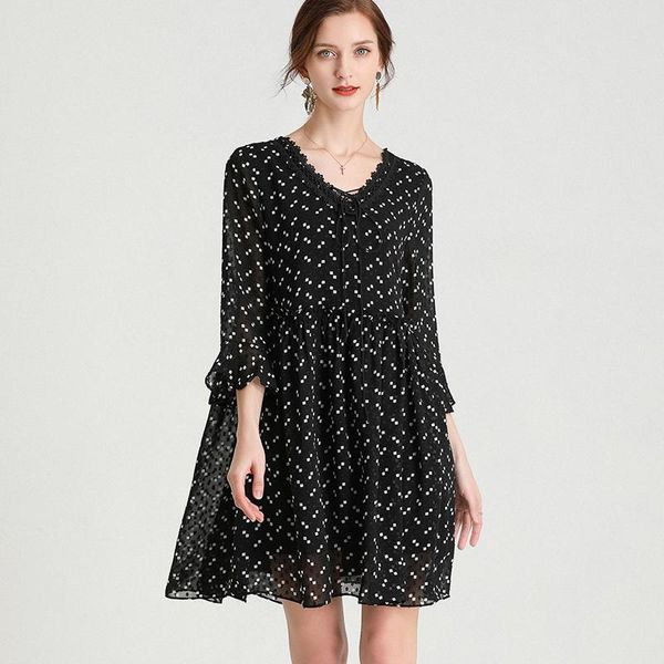 

spring plus size womens wave point chiffon dresses flare sleeve v neck bandage elegant dress 3/4 short casual, Black;gray