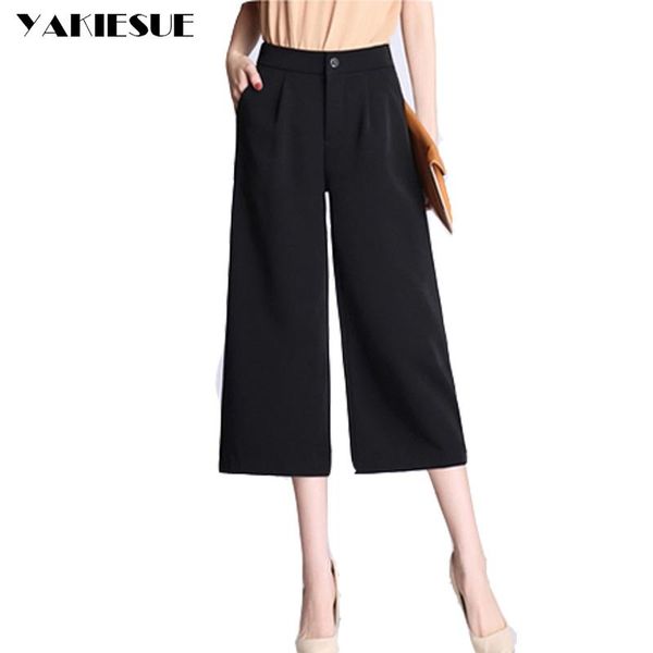 

women's pants & capris wide leg women loose high waist elastic calf length straight capri casual ol office work wear female trousers, Black;white