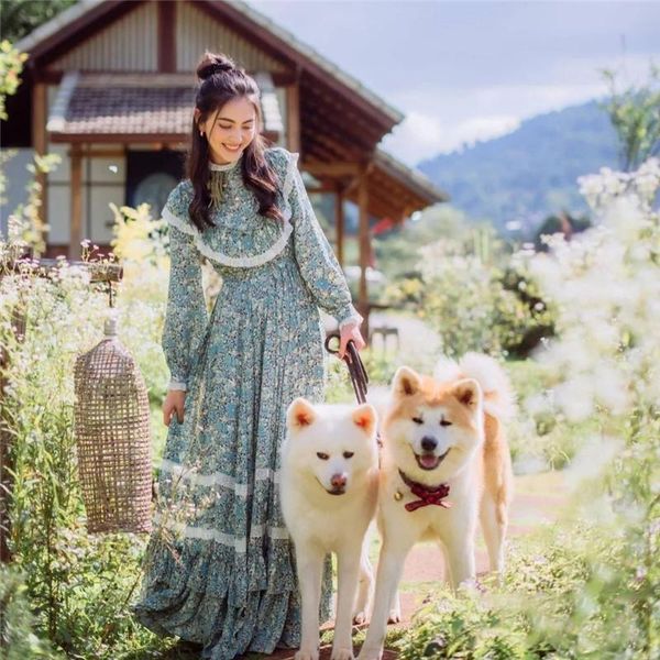 

casual dresses runway boho maxi dress 2021 spring stand collar ruffles lace patchwork long sleeve tunic floral printed women, Black;gray