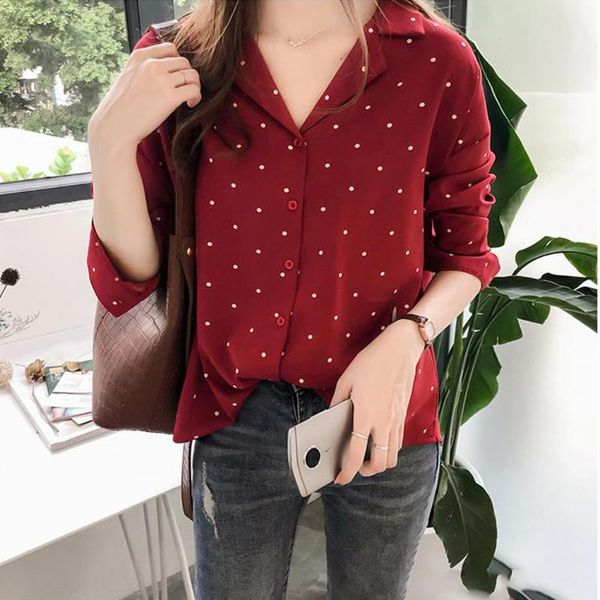 

women's blouses & shirts plus size ladies office women chiffon blouse fashion polka dot summer elegant female lapel long sleeve shirt b, White