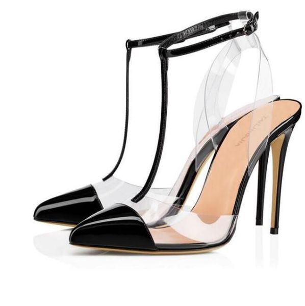 

carpaton est transparent pvc patchwork high heel shoes woman t-strap thin heels sandal cutouts gladiator sandals, Black
