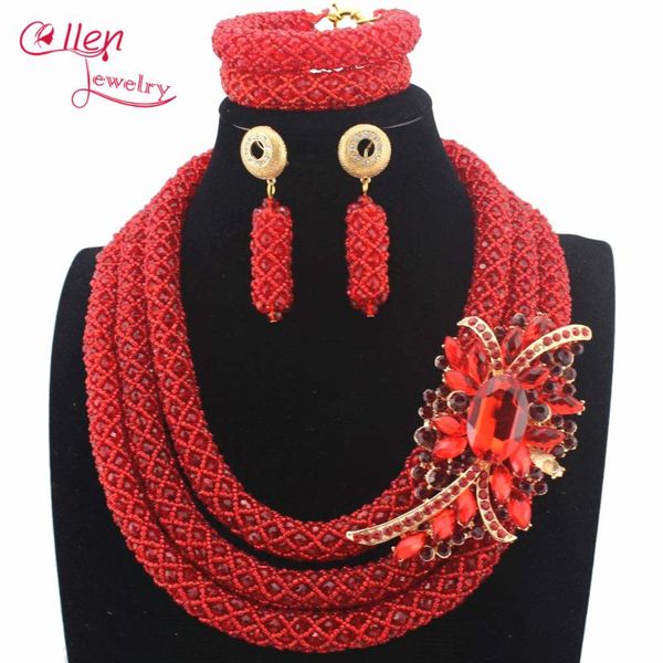 

earrings & necklace luxury red african beads jewelry sets crystal set nigerian wedding women w13678, Silver