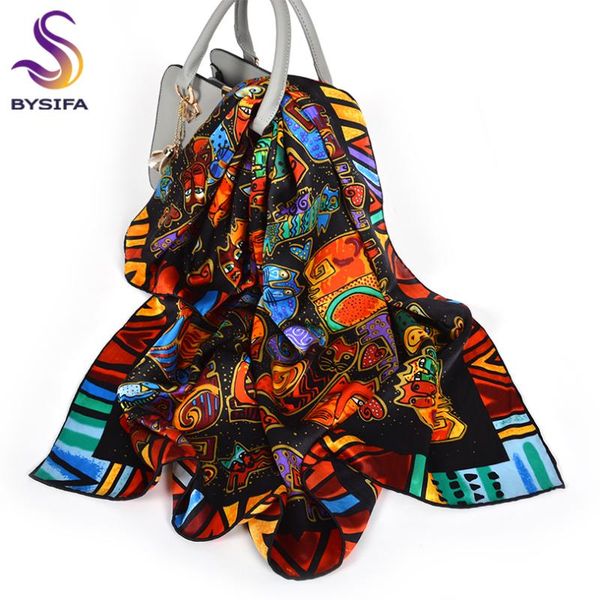 

scarves [bysifa] silk scarf women black red and white cat design big square printed fall winter hijab 100% pure cape, Blue;gray