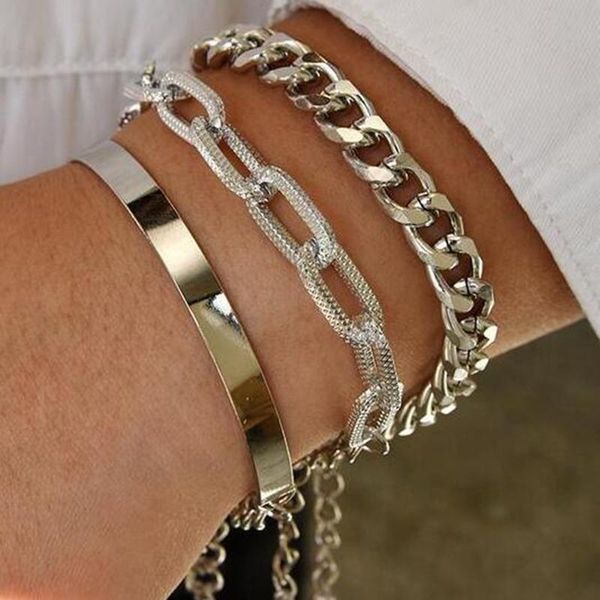 

link, chain 3pcs/set multilayer thick cuban bracelet for women hip hop punk charm gold silver color bangles fashion jewelry, Black