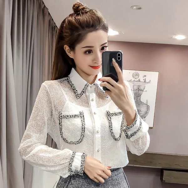 

women's blouses & shirts spring autumn women fashion lace shirt korean see-through pocket loose blouse casual long sleeve turn-down col, White