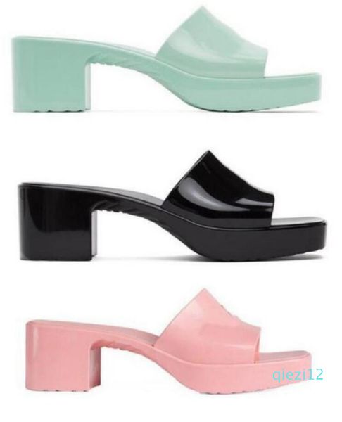 

2021 collection womens rubber slip-on heeled slippers jelly platform sandals with low block heel size euro 35-41, Black