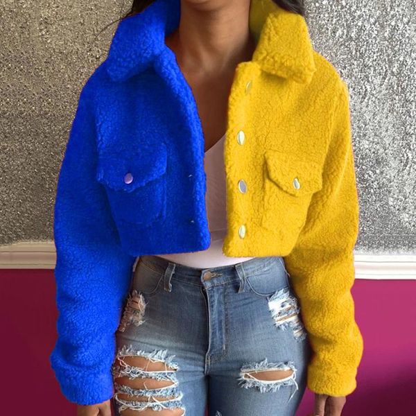 

women's jackets autumn short jacket coat fashion trend street contrast color stitching style flocking warm high waist lapel top, Black;brown