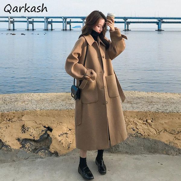 

women's wool & blends women single breasted pockets ulzzang elegant loose long style solid simple classic vintage soft gentle coat femm, Black