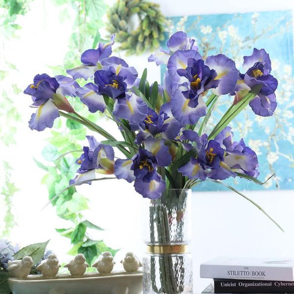 Ghirlande di fiori decorativi 90 cm Iris artificiale 2 teste grandi e 1 bocciolo di fiori finti in seta per la decorazione domestica di nozze per interni