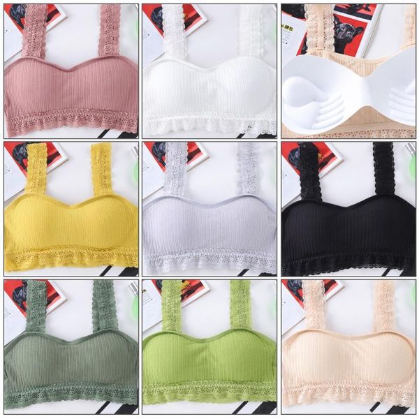 

gym clothing lace shoulder strap beautiful back wrapped chest girl tube bra no rim female camisole fitness running underwear, White;black