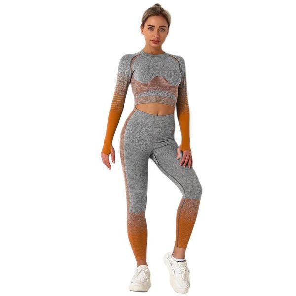 

yoga outfit 2pcs seamless set women long sleeve crop high waist tummy control sport leggings gym sports suits fitness clothing