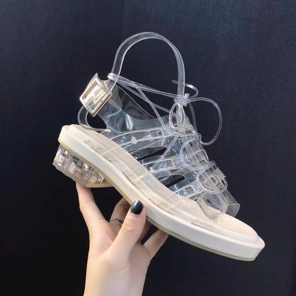 

summer korean fashion wild crystal thick women's sandals open toe cross strap transparent casual beach shoes, Black