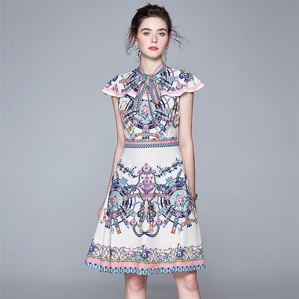 

casual dresses fashion designer sweet bow tie collar elegant cape dress women summer vintage pink printed a line high waist mini, Black;gray