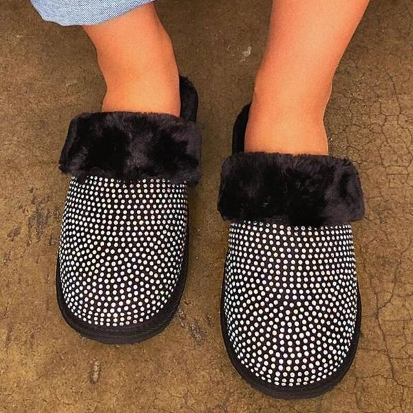

winter fashion home ladies plush slippers rhinestone non-slip comfortable female footwear soft warm platform shoes, Black