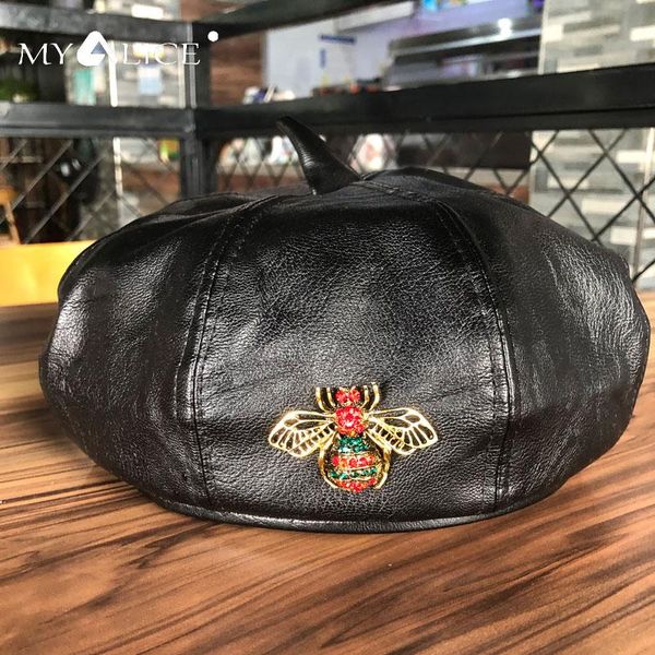 

berets myalice women fashion all-match beret warm hollow out metal bee charm elegant girls painter hat adjustable beanies cap pu, Blue;gray