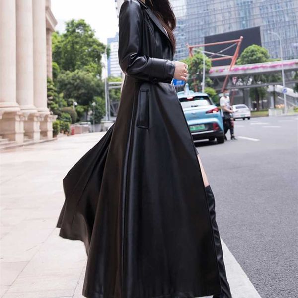 

nerazzurri maxi fit and flare leather trench coat for women spring long luxury designer clothing long sleeve lapel 211215, Black