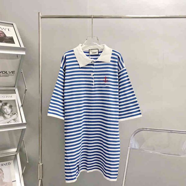 

summer striped embroidered lapel knitted dress for women, Black;gray