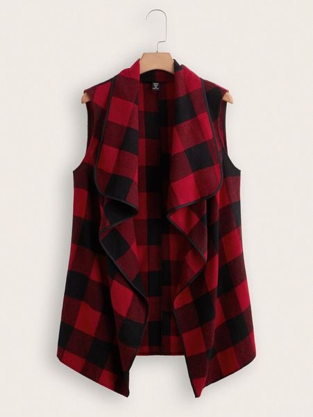 

plus plaid waterfall collar vest coat 54u2#, Black