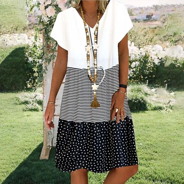 

casual dresses women loose vintage ruffles strip bedress large big printed patchwork summer boho party beach plus size #t2g, Black;gray