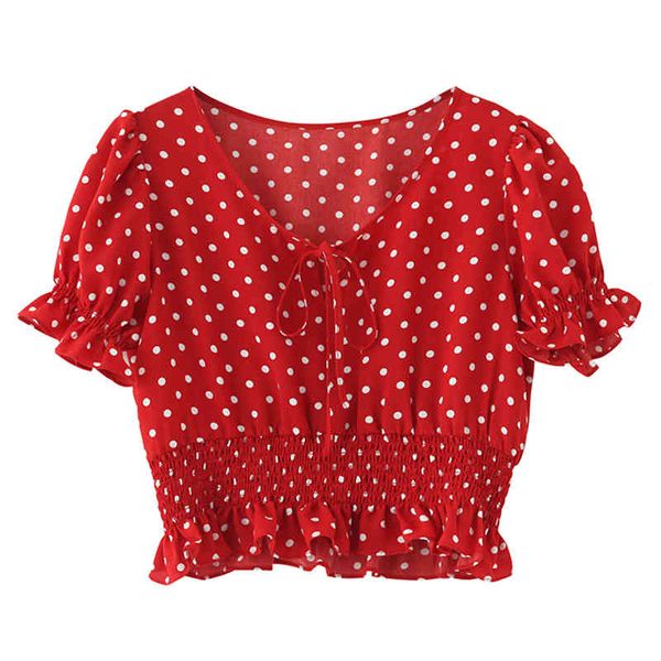 

women yellow red polka dot bow collar puff sleeve short ruched shirt blouse summer b0793 210514, White