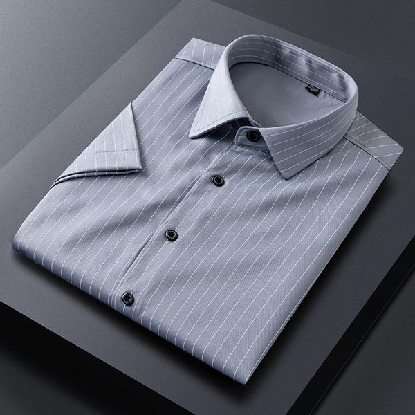 

striped mens shirt summer short sleeve casual solid shirts men slim business work brand camisas ice silk formal chemise homme 210524, White;black