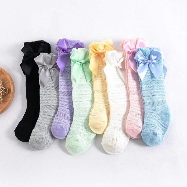 

socks 2021 girl big bow knee high long soft kids baby girls toddlers bowknot cotton 0-5 years born unisex, Pink;yellow