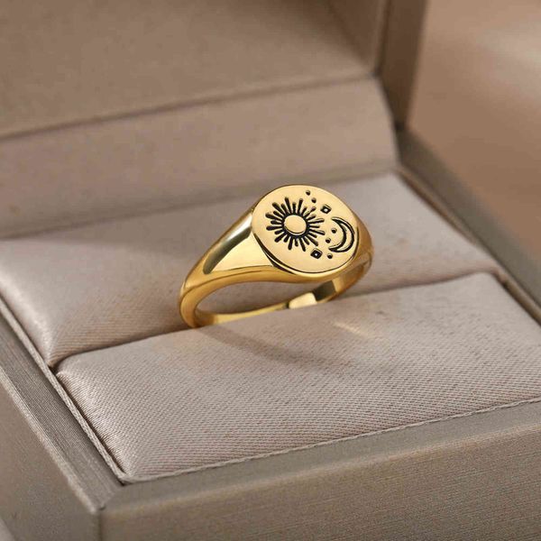 2021 Novo Aesthetic Sun Moon Ring Vintage Punk Gold Sliver Aço Inoxidável Anel de Aço Inoxidando Presente de Jóias para Melhor Amigo Mom Bijoux G1125