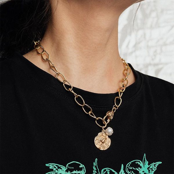 

pendant necklaces retro portrait coin chain ot buckle necklace for women bohemian punk metal choker fashion jewelry, Silver