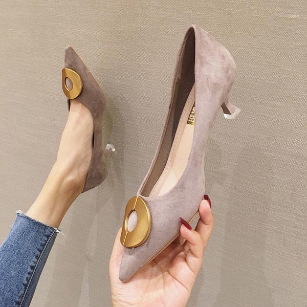 

elegant metal belt buckle women's office shoes fashion flock leather women pumps pointed toe high heels shallow, Black