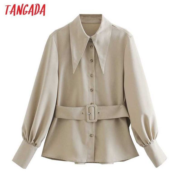 

tangada women solid shirts with belt long sleeve solid turn down collar elegant office ladies work wear blouses ce56 210609, White