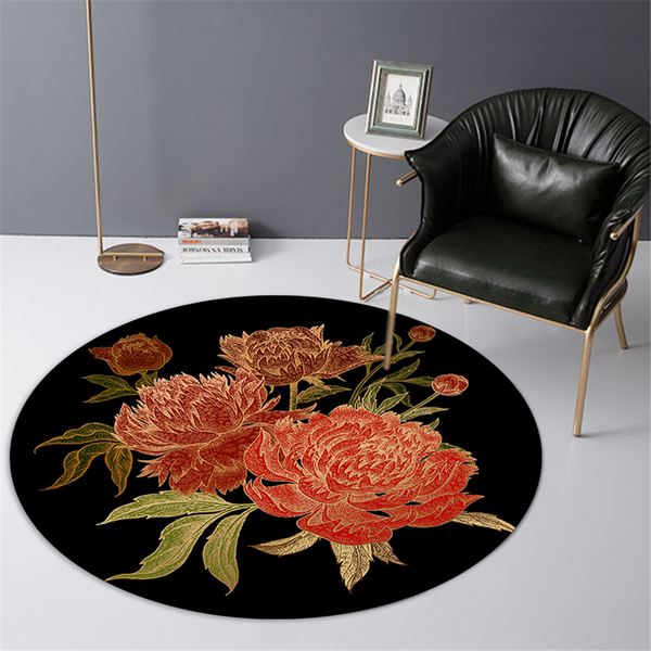 

chinese style retro red flower black round carpet area rug living room coffee table mat chair mat anti-slip floor mat decoration