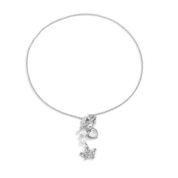 

pendant necklaces potcet 2021 korea fashion trend women's pearl butterfly necklace ot buckle retro geometric jewelry, Silver