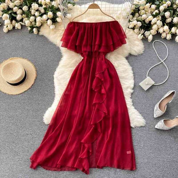 

slash neck chiffon long women dress red green purple irregular ruffle short sleeve high waist beach vestidos female, Black;gray